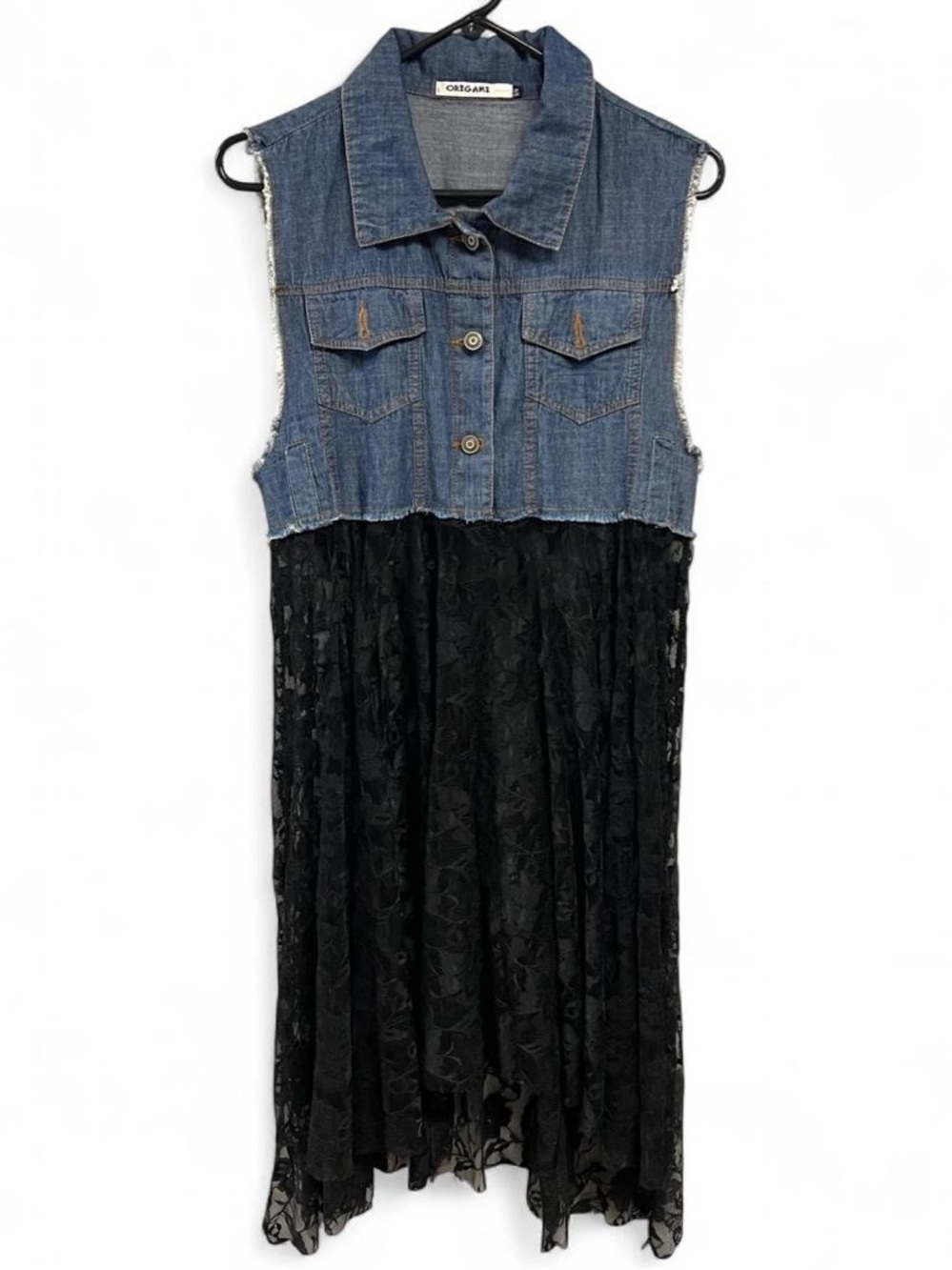 Origami by Vivien Denim Vest Lace Shirt Dress Duster S/M